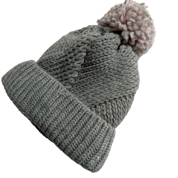 Rachel Zoe Gray Knit Fleece-Lined Beanie Winter Hat with Pom - Picture 2 of 8